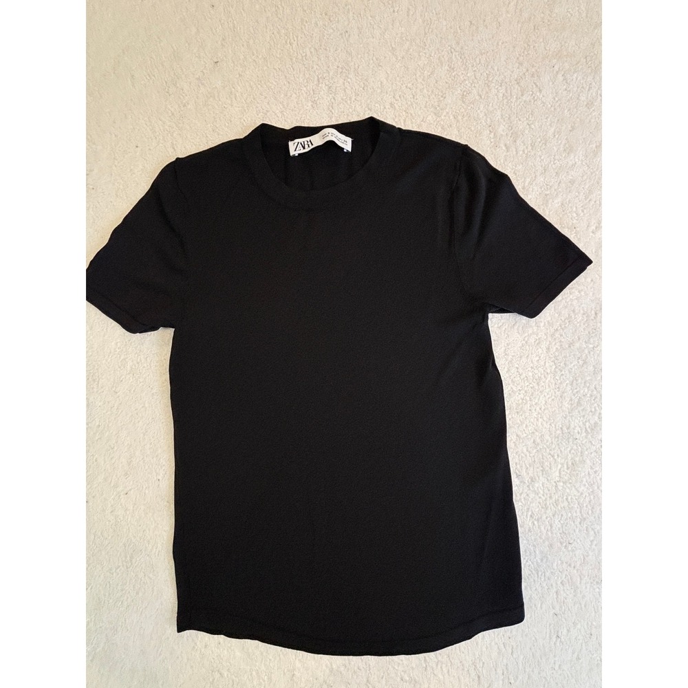 Zara Womens Small Black Short Sleeve Crew Neck T-Shirt Curved‎ Hem Basic Tee